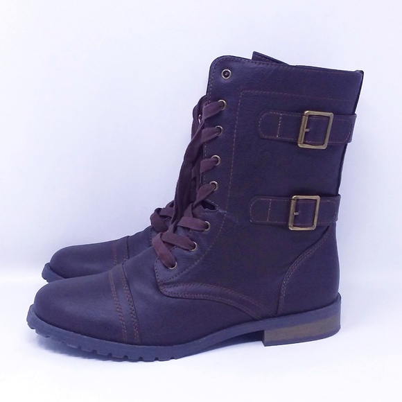 Women' s Brown Lace Up Zip Up Double Buckle Combat Boots - Picture 8 of 13